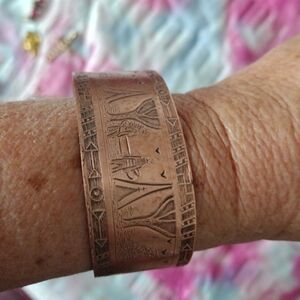 Native American Style Solid Copper Cuff Bracelet Embossed Tribal Carvings